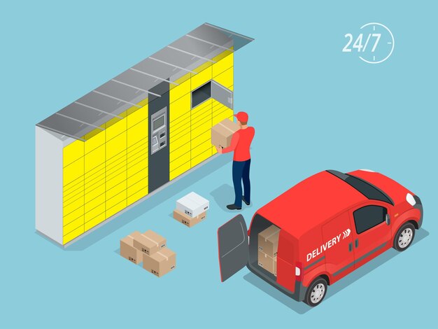 Casilleros de entrega de paquetes isométricos. Autoservicio. Entrega urgente. Este servicio ofrece una alternativa al envío a domicilio para las compras online