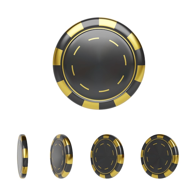 Casino Chip en colores Negro y Dorado. Fichas de póquer de render 3d realista. Juegos de azar de plástico aislado sobre fondo blanco. Ilustración vectorial