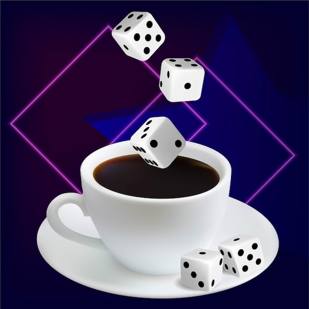 Casino en línea banner para el sitio con una taza de cubos de café concepto de juego imagen vectorial