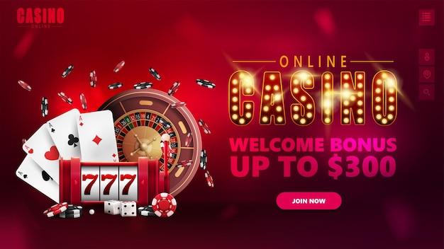 Casino en línea, banner para sitio web con elementos de interfaz, símbolo con bombillas doradas, máquina tragamonedas, ruleta de casino, fichas de póquer y naipes.
