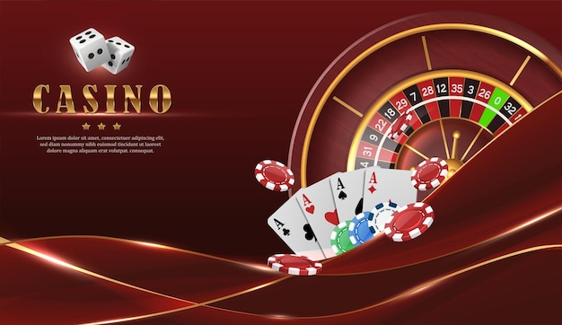 Vector casino en línea fondo de lujo rojo con rueda de ruleta cartas voladoras y fichas de póquer