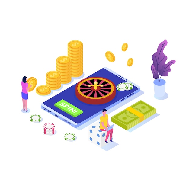 Casino en línea, juegos de azar en línea, aplicaciones de juegos, ilustración isométrica