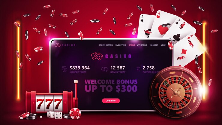 Vector casino en línea, pancarta roja con tableta, máquina tragamonedas, ruleta de casino, fichas de póquer y naipes en escena roja con lámparas verticales naranjas