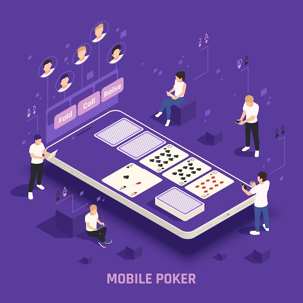 Casino en línea, póquer, juegos sociales en efectivo en dispositivos móviles, jugadores virtuales, tarjetas, ilustración isométrica púrpura