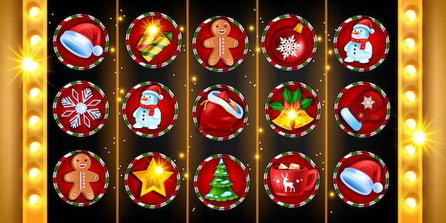 Casino Navidad 5 carretes tragamonedas juego de iconos vector máquina de juego Navidad vacaciones fondo de invierno