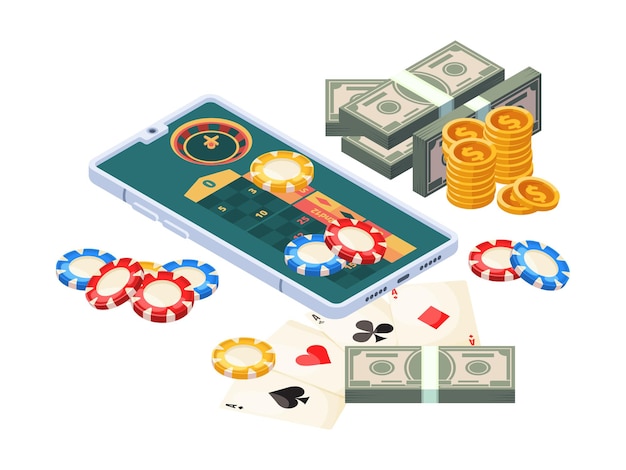 Casino online. Dinero de juego digital móvil de concepto isométrico para teléfonos inteligentes ganadores llamativas ilustraciones vectoriales. Casino en línea isométrica, aplicación para teléfonos inteligentes.