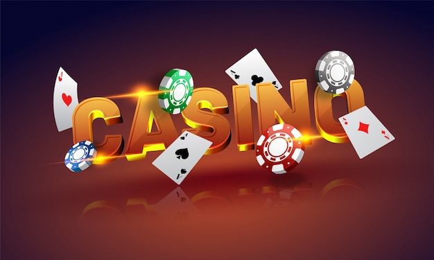 Casino de oro del texto 3D con las tarjetas, virutas en fondo brillante.