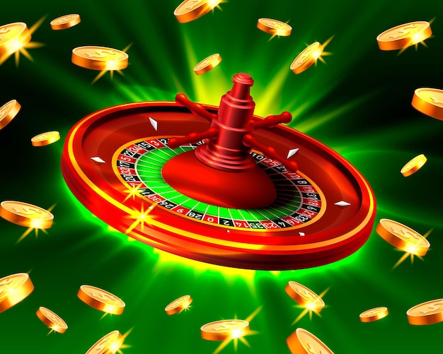 Vector casino ruleta monedas de gran ganancia en el fondo verde. ilustración vectorial