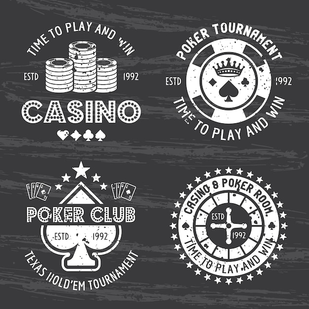 Vector casino y sala de póquer conjunto de emblemas de juegos de azar vectoriales etiquetas insignias o logotipos aislados en fondo oscuro