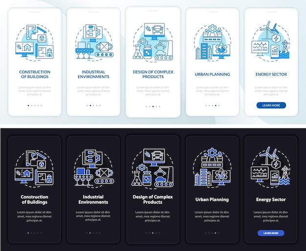 Casos de uso de gemelos digitales pantalla de aplicación móvil de incorporación de modo día y noche