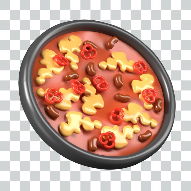 Vector casserole de pollo mexicano en un plato porcionado al estilo de dibujos animados en 3d servido en una sartén redonda negra