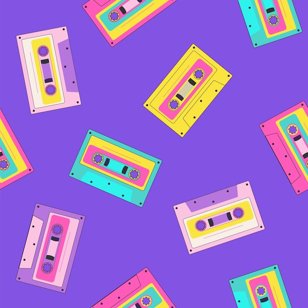 Cassette de audio de música retro de los 90 de patrones sin fisuras Nostalgia por la cinta vintage de los 90 en estilo memphis