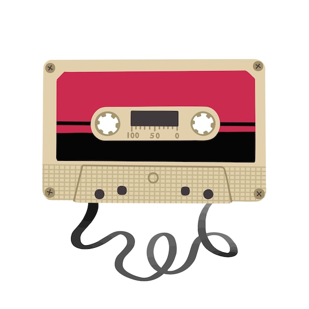 Cassette para reproductor con cinta desenrollada ilustración dibujada a mano