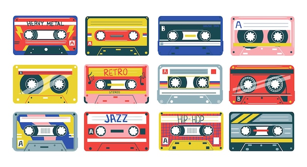 Cassette retro heavy metal jazz o música hiphop discos analógicos de los años 90 y 80 equipo de audio anticuado colección de cintas estéreo dispositivos musicales coloridos conjunto de arte pop vectorial