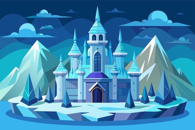 Vector un castillo se alza en medio de un paisaje nevado rodeado de árboles cubiertos de blanco y terrenos congelados castillo de hielo ilustración semi plana personalizable