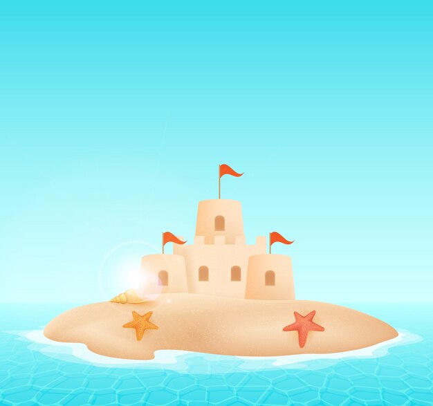 Vector castillo de arena en la ilustración de vector de playa.