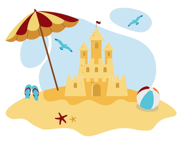 Vector castillo de arena en la ilustración de vector de verano de concepto de playa en estilo plano