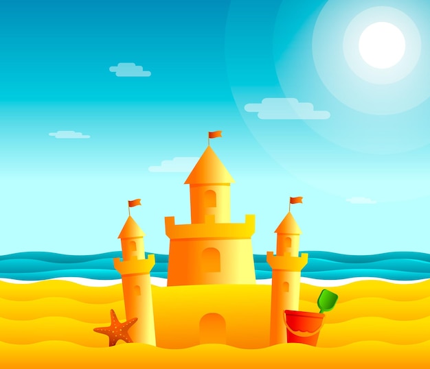 Castillo de arena en la playa. ilustración de paisaje marino