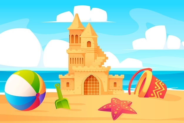 Vector castillo de arena en la playa paisaje costero de verano de dibujos animados con niños arenero juguetes torres cubo pala niños actividad en la costa fondo vectorial