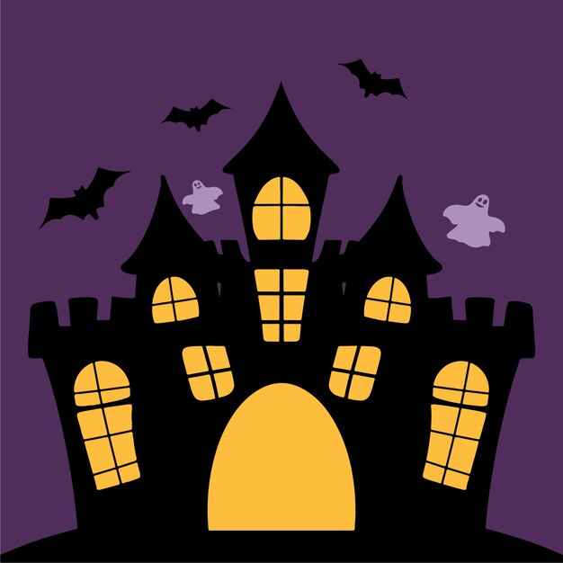 castillo de la bruja de halloween con ilustración de murciélagos