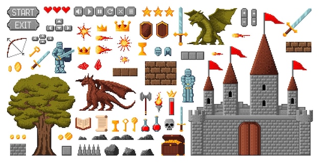 Castillo de caballeros medievales de activos de juego de píxeles de 8 bits