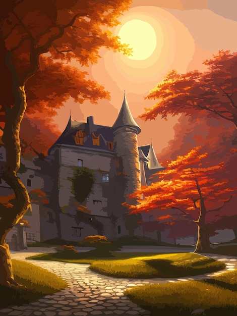 Un castillo en la cima de una colina rodeada de árboles, paisaje otoñal en una ilustración vectorial de día soleado