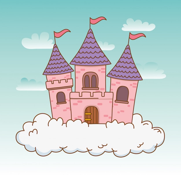 Castillo de cuento de hadas en la escena de las nubes