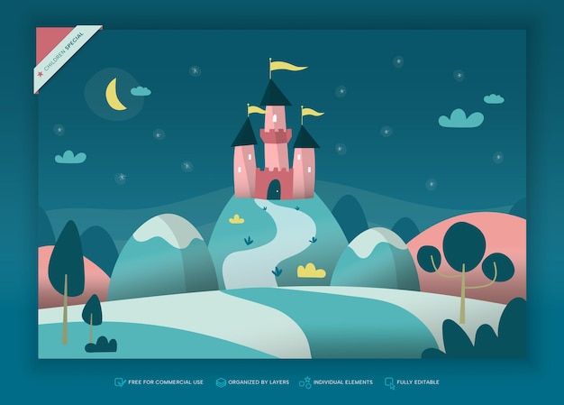 Vector castillo de cuento de hadas mágico para niños ilustrado en la noche