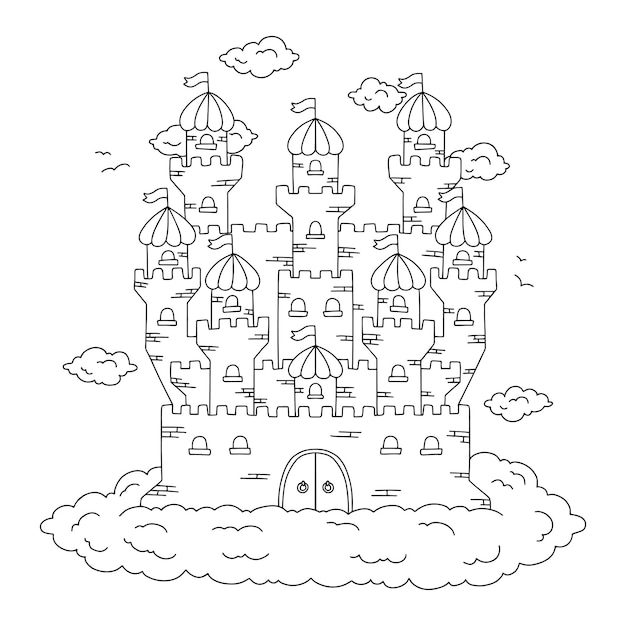 Castillo de cuento de hadas. Página de libro para colorear para niños.