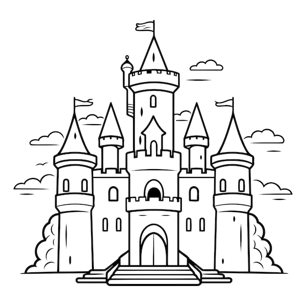 Castillo de cuentos de hadas ilustración vectorial en blanco y negro para libro de colorear