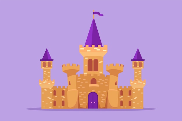 Castillo de dibujo de diseño plano gráfico en el parque de atracciones con cinco torres y una bandera sobre él Palacio donde vivía la familia real feliz Imaginación del edificio de cuento de hadas Ilustración de vector de estilo de dibujos animados