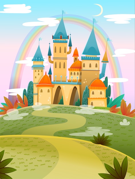 Vector castillo de dibujos animados lindo castillo de dibujos animados de cuento de hadas. palacio de cuento de hadas de fantasía con arco iris. ilustración vectorial