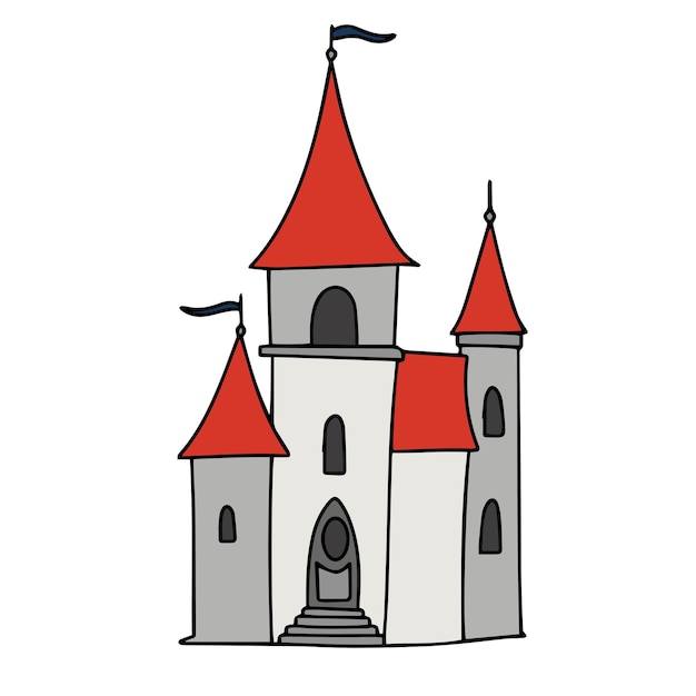 Castillo Doodle aislado sobre fondo blanco Contorno del castillo dibujado a mano Ilustración vectorial