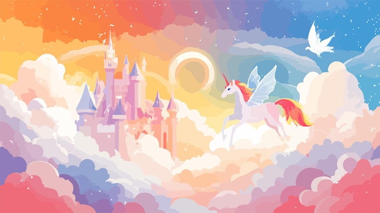 Vector castillo encantador con unicornio y hada en nubes en gran ángulo