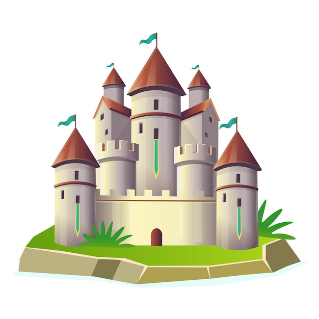 Castillo de fantasía con torres en la isla. Vector cartoo. Castillo de hadas para niños.