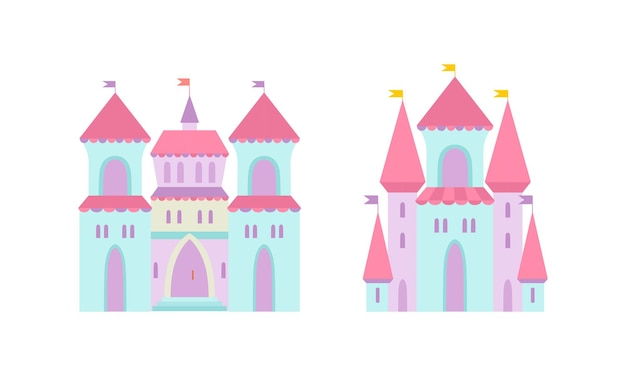 Castillo y fortaleza de la princesa con torres altas y conjunto vectorial de banderas