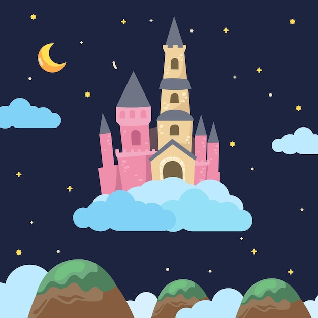 Castillo fuerte fantasía en la nube fantasía juguetona noche escena ilustración caprichoso niños estilo