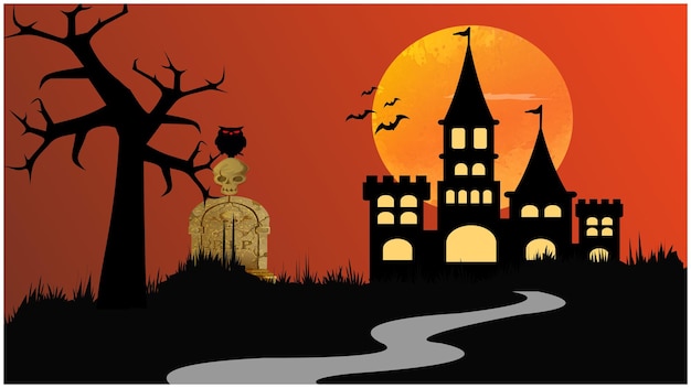 Vector castillo de halloween aterrador en el paisaje nocturno para papel tapiz y fondo de dibujos animados.