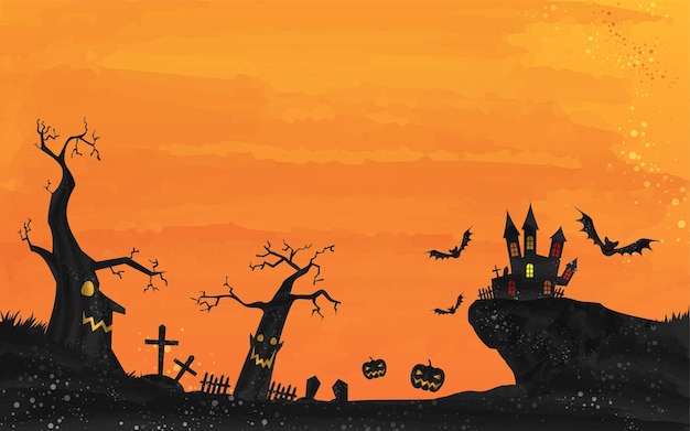 Castillo de halloween y cementerio paisaje ilustración acuarela estilo grunge