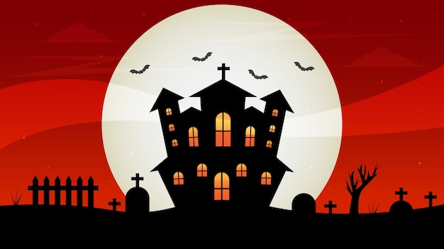 Castillo de halloween con diseño de ilustración de vector de fondo rojo