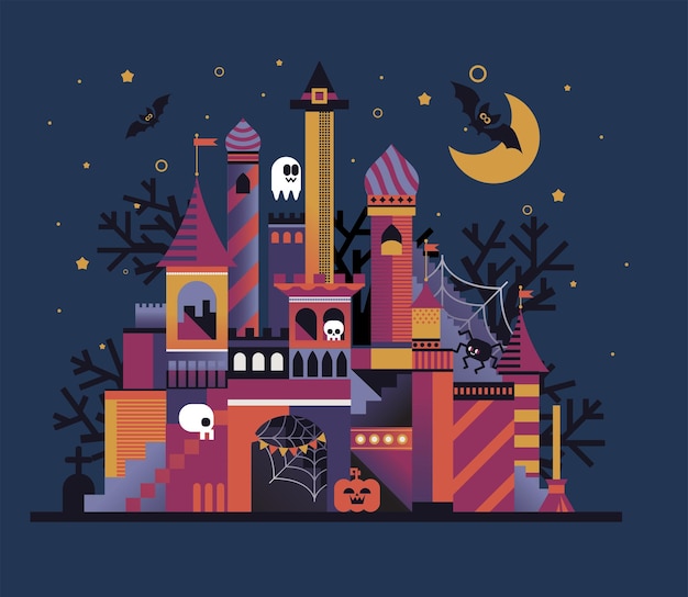 Castillo de Halloween con fantasmas y murciélagos