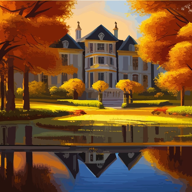 Castillo en una hermosa ilustración de vector de paisaje de arte conceptual de día de otoño