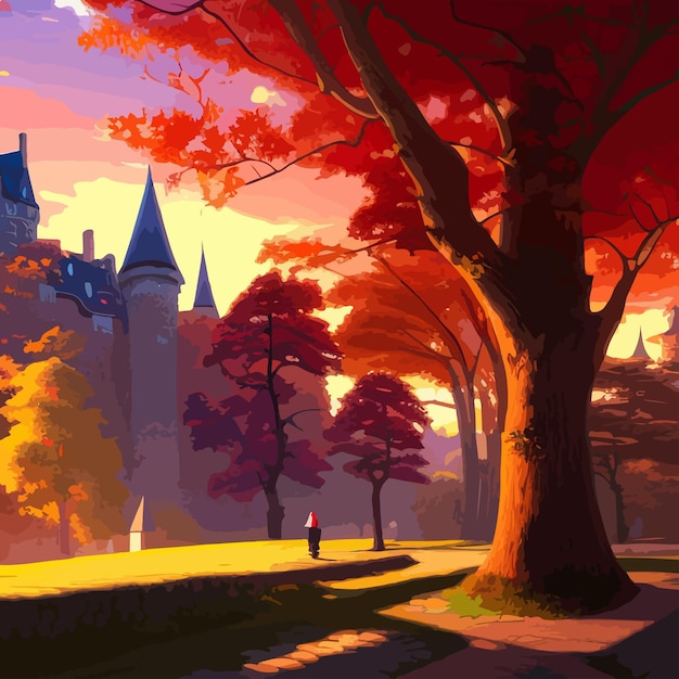 Castillo en una hermosa ilustración de vector de paisaje de arte conceptual de día de otoño