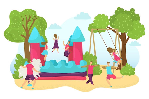 Castillo hinchable al aire libre con diversión infantil ilustración vectorial plana niño niña niños juego de caracteres en inflat ...