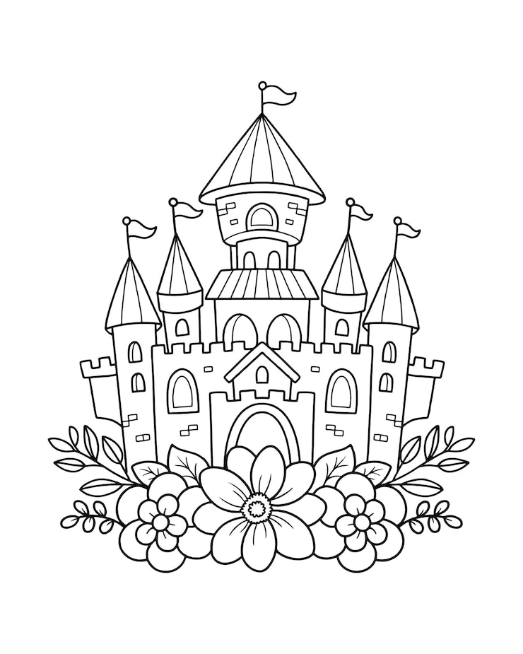 Vector castillo imprimible con flores para colorear ilustración