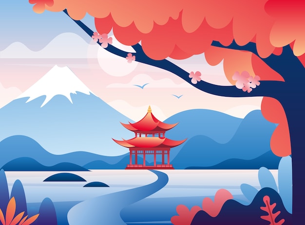 Vector castillo japonés y la ilustración colorida nevada del pico de la montaña de fuji. hermoso plano de naturaleza oriental