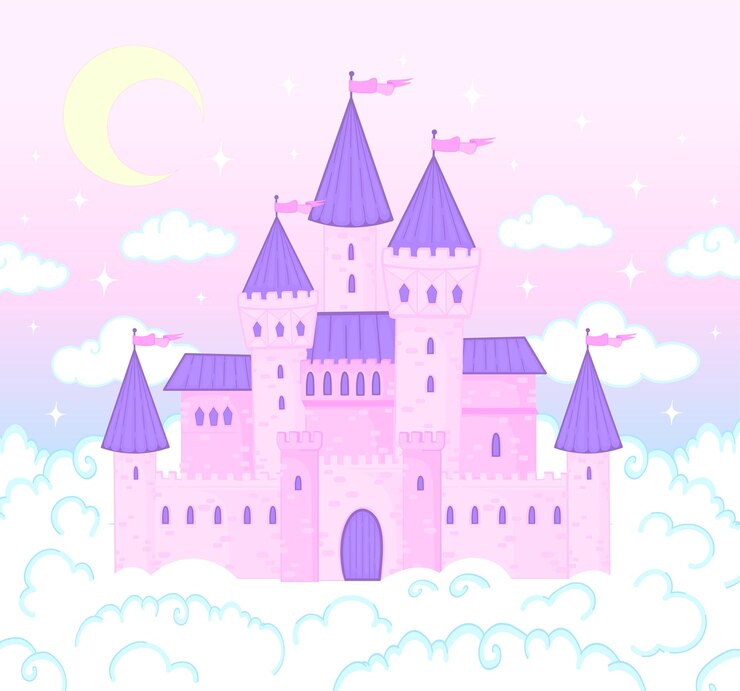 Castillo mágico Castillo de dibujos animados en nubes rosadas Tierra mágica nube de cuento de hadas y cielo fabuloso Castillo de hadas para la pequeña princesa Fantástica torre majestuosa construcción del reino paisaje ilustración vectorialxDxA