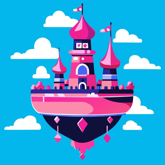 Vector castillo mágico rosa en una isla flotante en la ilustración vectorial del cielo azul