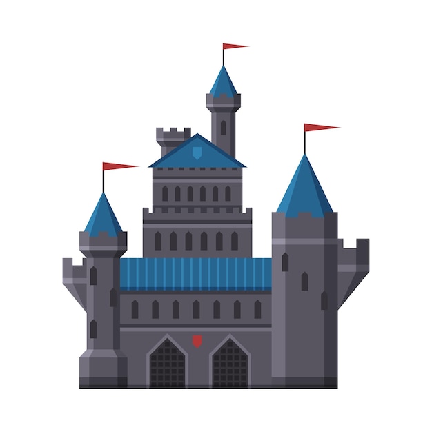 Castillo medieval fortaleza de cuento de hadas con torres azules antiguo palacio fortificado ilustración vectorial