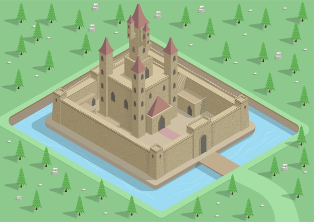 Castillo medieval isométrico con río, murallas, puertas y torres.